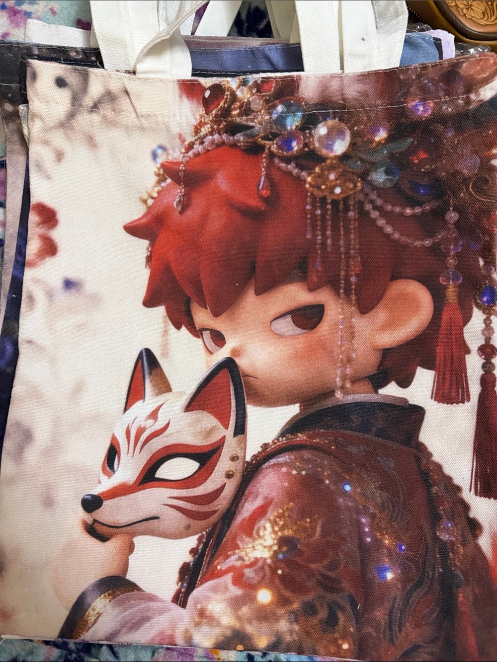 Red-Haired Character Tote Bag with Fox Mask Print